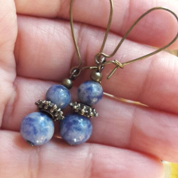 boho earrings 479#mfs Sodalite gemstone earrings double drops of clouds & blue s - Picture 3 of 5